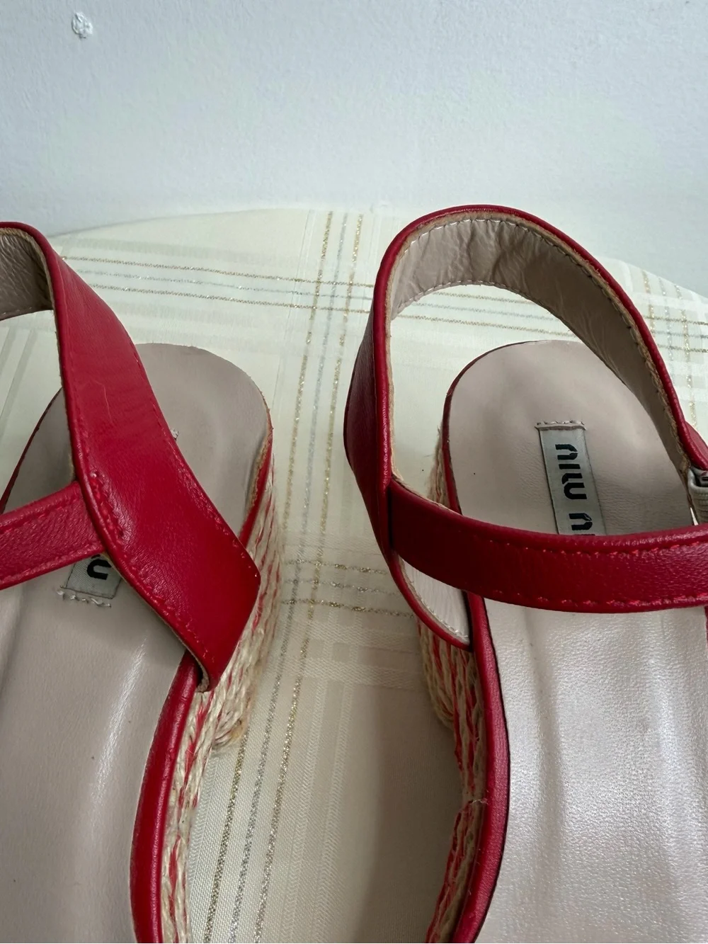 Miu Miu Red Leather Espadrille Platform Sandals